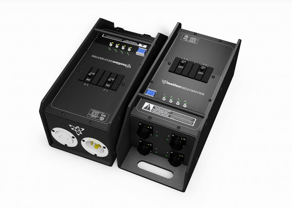 Motion Labs 4 channel chain hoist controller with local control, shown from both ends: L21-30 input and thru connectors and four hoist outputs