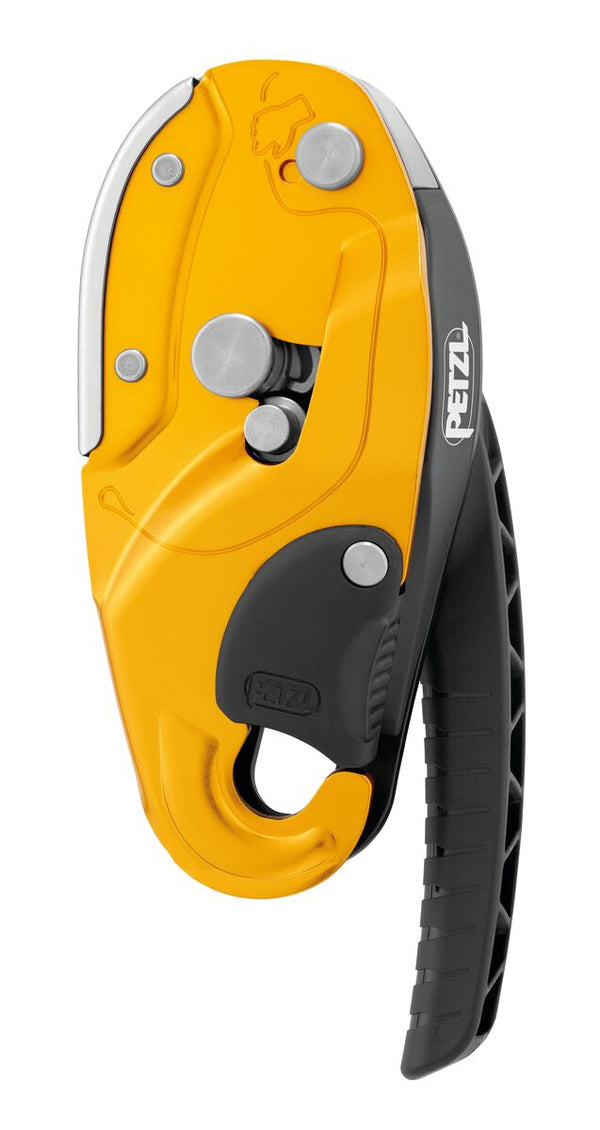Petzl RIG descender front view in yellow and black