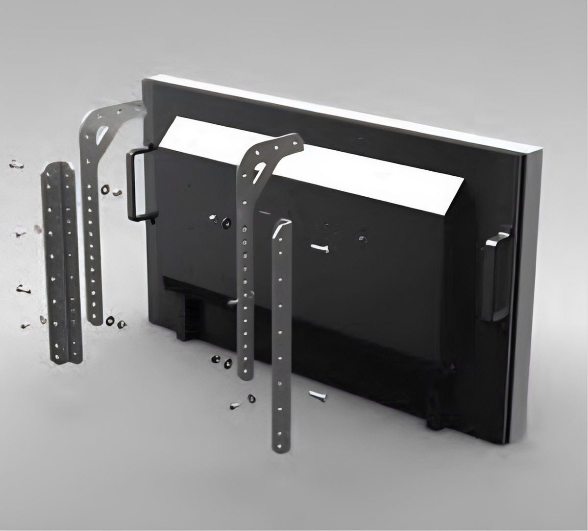 Adaptive Technologies Group HoverPro LCD frame brackets and hardware shown exploded behind a landscape flat screen display - imagen 3