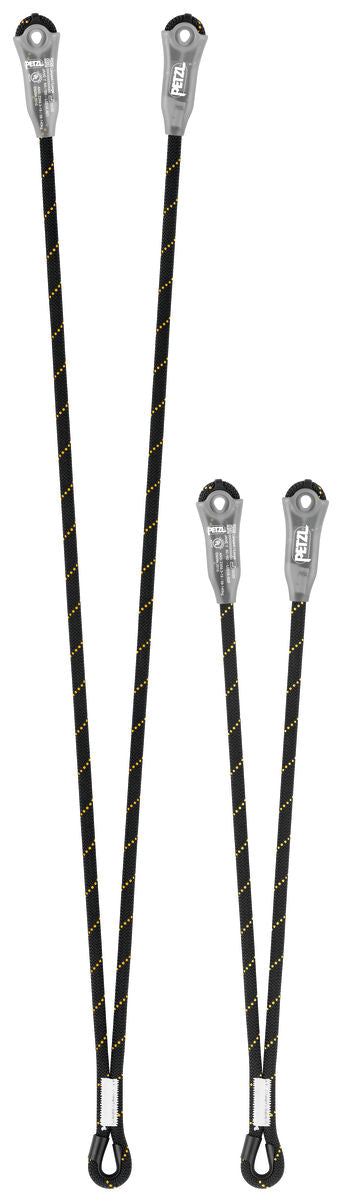 Petzl Jane-Y non-adjustable dynamic rope lanyard, designed for fall arrest when combined with an ABSORBICA energy absorber. Features plastic sheaths for secure carabiner positioning and abrasion protection. Available in 60 cm and 100 cm lengths.