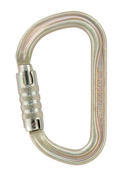 Petzl Vulcan high-strength steel carabiner with TRIACT-LOCK or SCREW-LOCK, available in gold and black, designed for multiple anchors and harsh environment use.