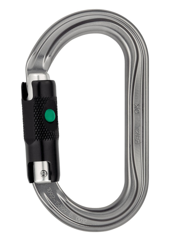 Petzl OK aluminum oval carabiner with BALL-LOCK system, designed for optimal loading of wide cross-section devices.