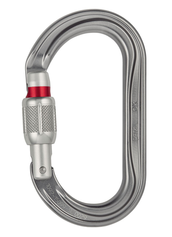 Petzl OK aluminum oval carabiner with SCREW-LOCK system, designed for optimal loading of wide cross-section devices.