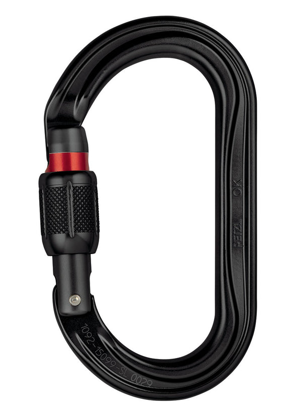 Petzl OK black oval carabiner with SCREW-LOCK system, designed for optimal loading of wide cross-section devices.