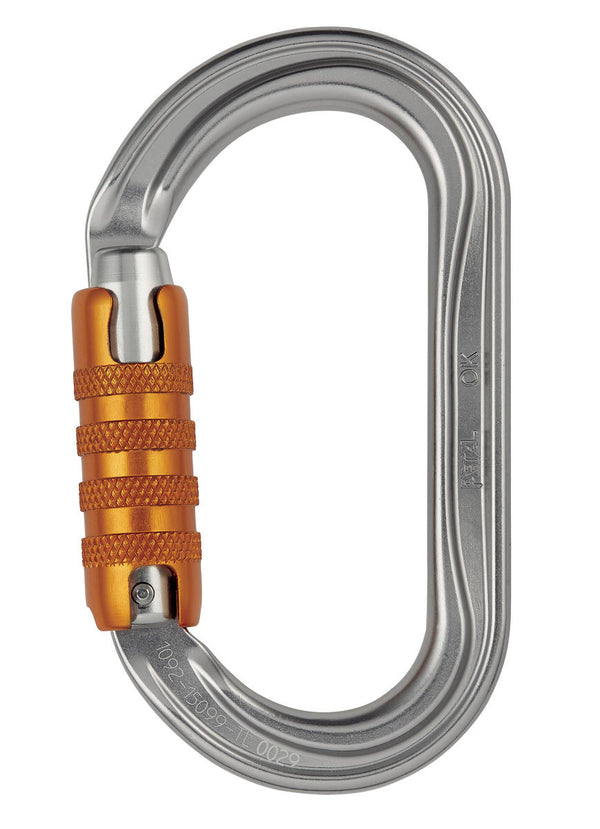 Petzl OK aluminum oval carabiner with SCREW-LOCK system, designed for optimal loading of wide cross-section devices.