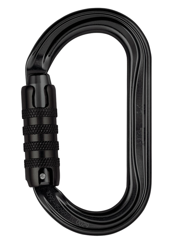 Petzl OK aluminum oval carabiner with TRIACT-LOCK  system, designed for optimal loading of wide cross-section devices.