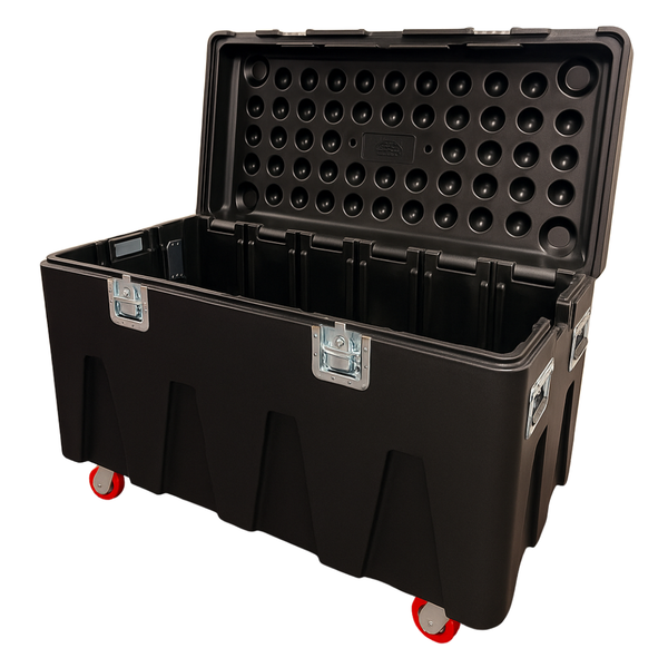 Black road case with wheels on a white background