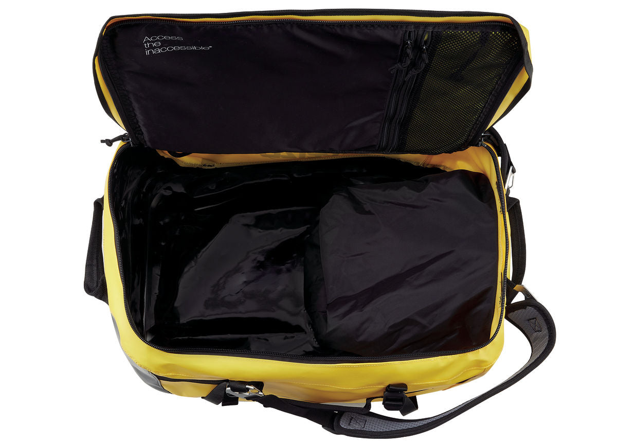 Black and yellow Petzl Duffel 65L backpack.