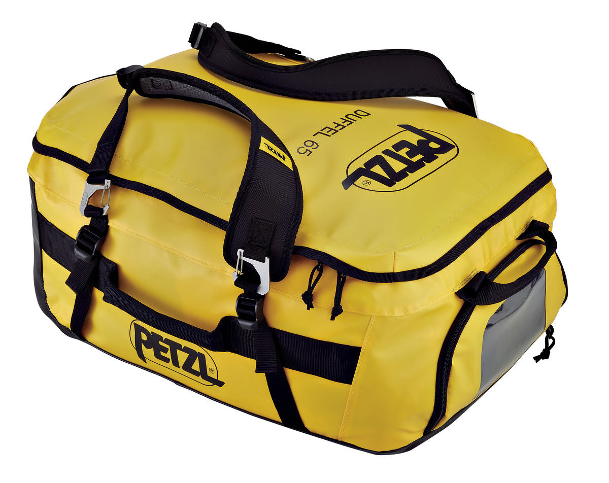 Black and yellow Petzl Duffel 65L backpack.