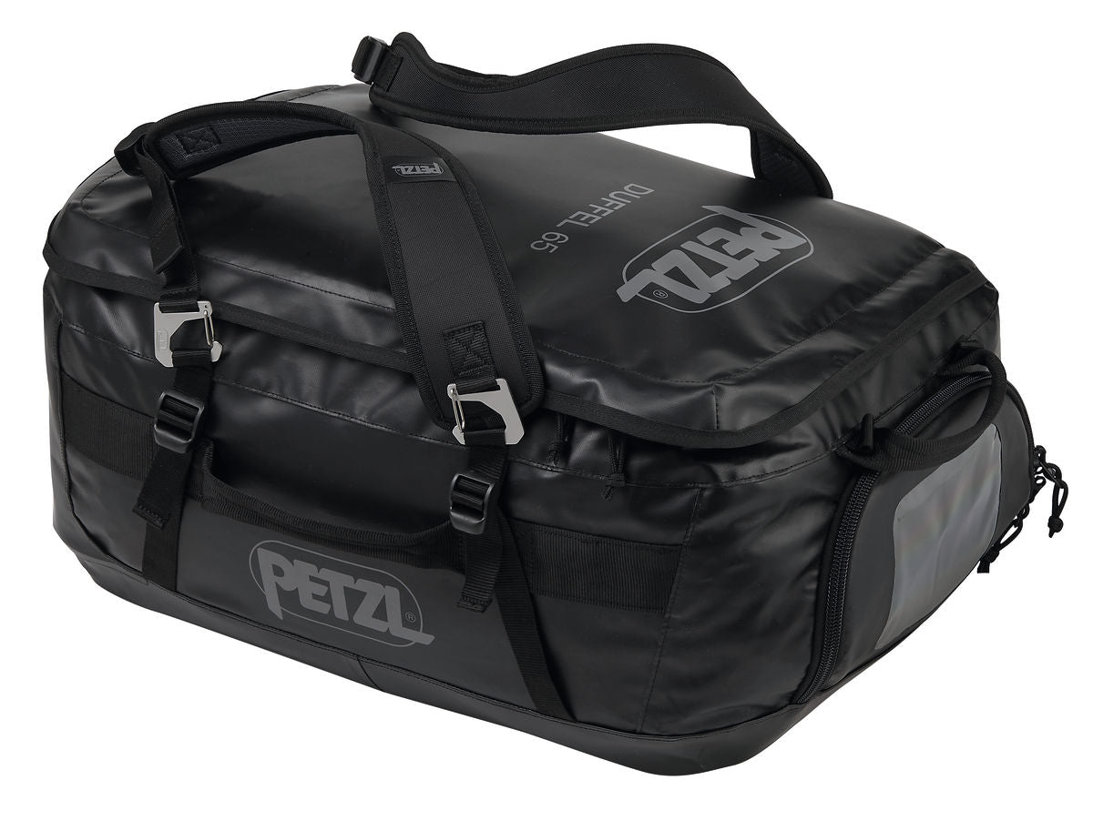 Black and yellow Petzl Duffel 65L backpack.