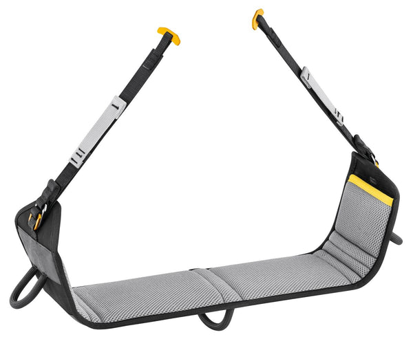 Petzl PODIUM work seat, laid flat showing T-BAR connection points.