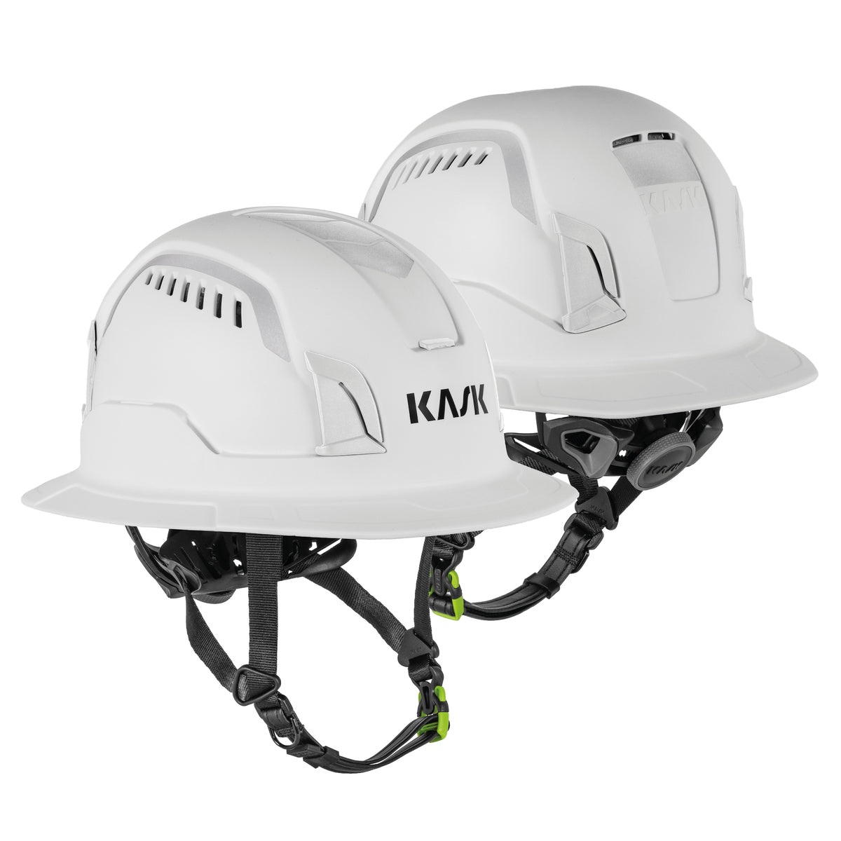 Two KASK Zenith X2 Air Full Brim Hi Viz safety helmets in white, front and side view with ventilation openings - imagen 2