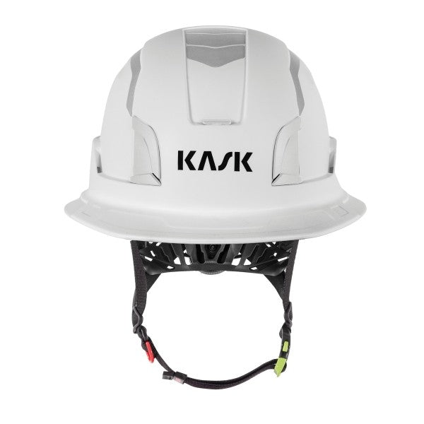 KASK Zenith X2 FR Full Brim Hi Viz safety helmet in white, front view with KASK logo and chin strap - imagen 7