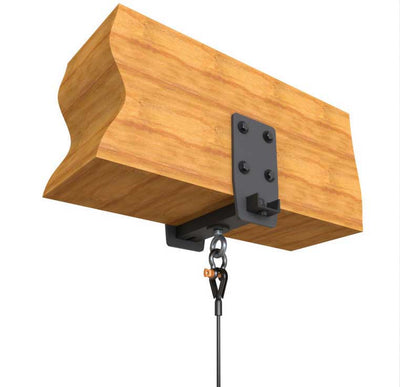 Adaptive Technologies Group wood beam clamp with side plates on a timber beam and swivel eye with snap hook below