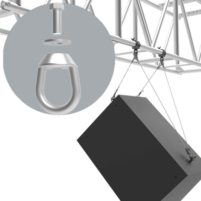 Adaptive Technologies Group MC-EN-KT eyenut on a truss clamp with a speaker hanging from truss