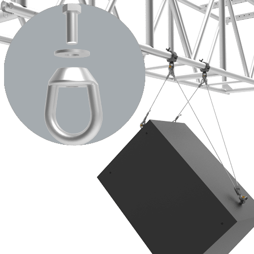 Adaptive Technologies Group MC-EN-KT eyenut on a truss clamp with a speaker hanging from truss