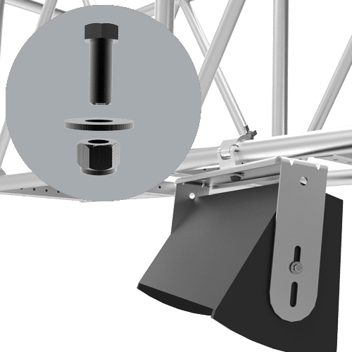 Adaptive Technologies Group MC-UB-KT bolt kit shown inset with truss clamp holding a speaker on truss