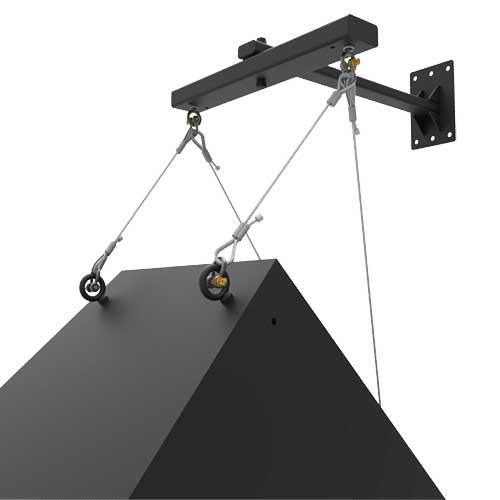 Adaptive Technologies Group SAS-100-CA cross arm on a wall mount suspending a speaker with cables