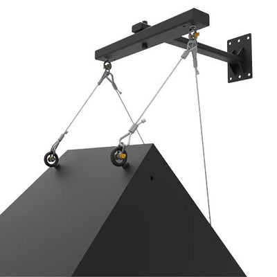 Adaptive Technologies Group SAS-100-WM wall arm suspending a speaker from a cross arm with cables