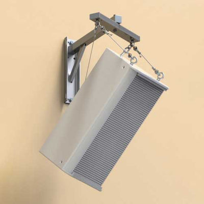 Adaptive Technologies Group SAS-200-WM wall arm suspending a gray speaker with cables