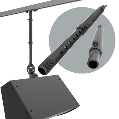 Adaptive Technologies Group telescoping pipe adapter suspending a speaker with pipe detail inset