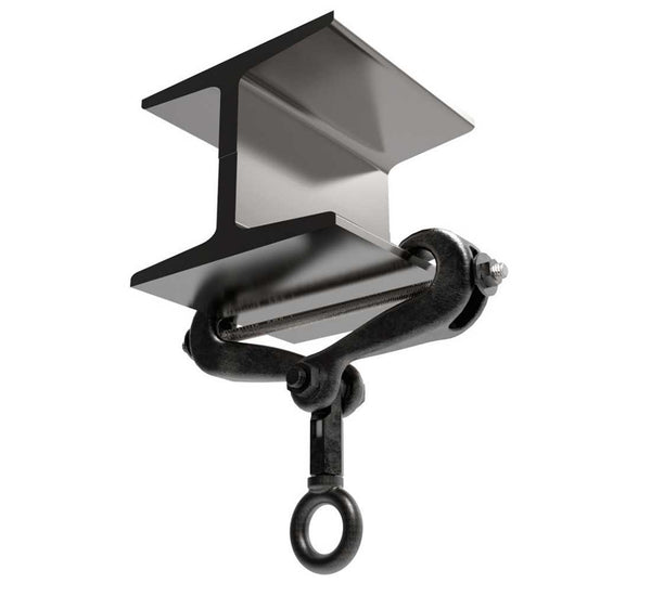 Adaptive Technologies Group BC3-7J scissor style beam clamp fitted to a steel I-beam flange with eyebolt below