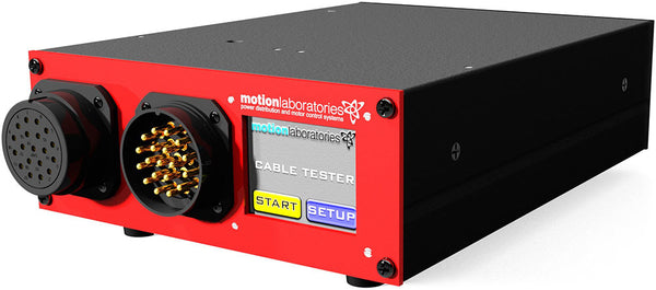 Red Motion Labs CT Series Cable Tester with a START and SETUP touchscreen, angled view