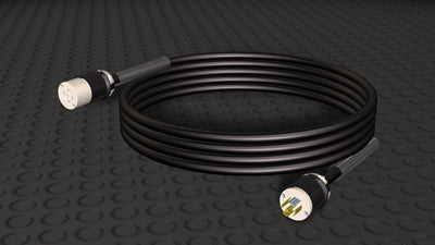 Motion Labs L21-30 Twistlock Cable coiled, with a female twistlock connector and a male plug