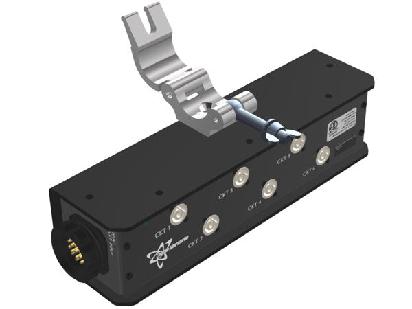 Black Motion Labs P19 Stringer Box with a truss clamp on top and six round output connectors