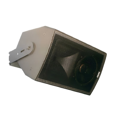 Adaptive Technologies Group fixed width U-bracket holding a gray loudspeaker, the bracket this metric kit fits