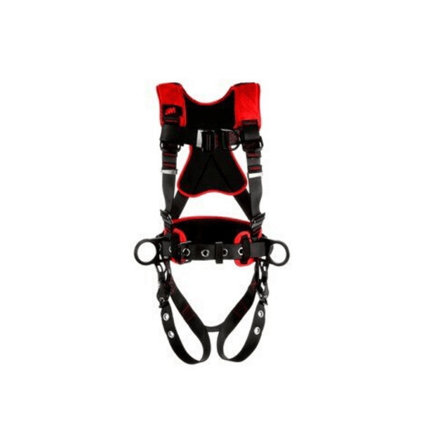 Arnés de escalada/posicionamiento estilo construcción 3M™ Protecta® Comfort: vista frontal con conexiones para piernas con hebilla de lengüeta y pecho pasante, anillo en D frontal y cinturón corporal/almohadilla para cadera con anillos en D laterales