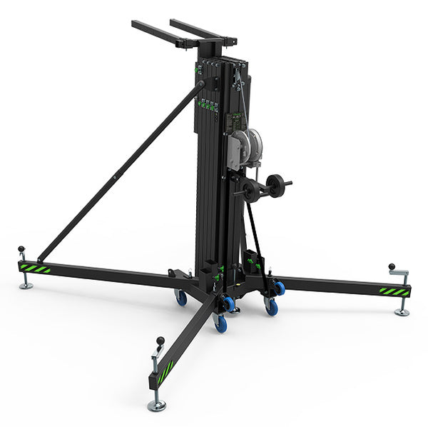 Kuzar Tower Lift K-57– Weighing only 223kg it is capable of lifting 500kg to a height of 7m in dynamic mode and a massive 1200kg if used in structural mode. Structural mode is when the lifter is cranked up to the desired height without anything except a manual/electric hoist attached to the forks and then the load is elevated by the hoist. – Now available at MTN Shop US.