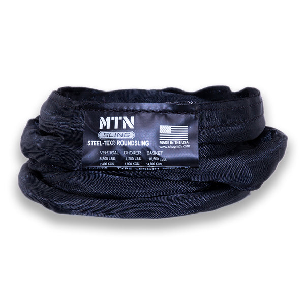 MTN Round Slings Black Steel-Tex– MTN Slings are designed to match theatrical settings and safely perform during all of your lifting applications. For sale in 2', 3', 4', 6', 8' 9', 12' lengths. Best round slings for rigging, lightweight, OSHA certified, black theatrical color. – Now available at MTN Shop US.
