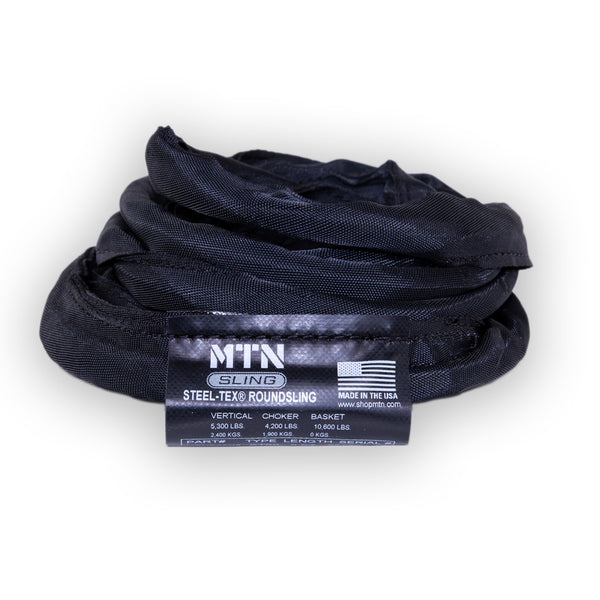 MTN Round Slings Black Steel-Tex– MTN Slings are designed to match theatrical settings and safely perform during all of your lifting applications. For sale in 2', 3', 4', 6', 8' 9', 12' lengths. Best round slings for rigging, lightweight, OSHA certified, black theatrical color. – Now available at MTN Shop US.