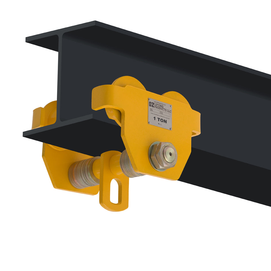 Carro de viga de empuje de elevación OZ: el carro de viga de elevación Oz se puede sujetar de forma rápida y segura a la mayoría de las vigas en I para soportar pesos que oscilan entre 0,5 toneladas y 10 toneladas. El robusto carro está completamente soldado con una construcción totalmente de acero, lo que lo hace muy duradero y confiable. El carro tiene una construcción liviana y una placa anticaída para una operación e instalación fáciles y protegidas. – Ahora disponible en MTN Shop US. - imagen 4