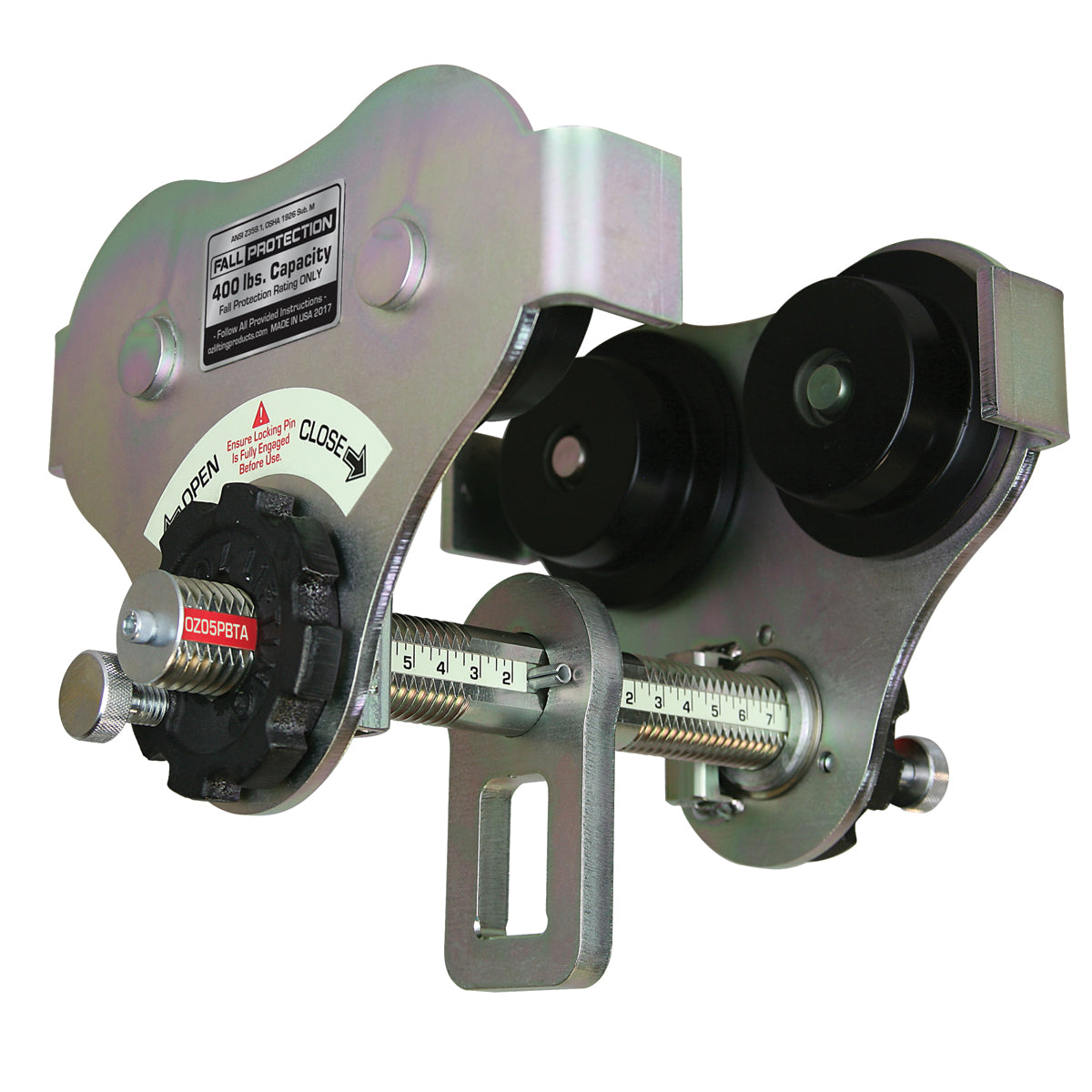 OZ Lifting USA Push Beam Trolley with Fall Protection– The Oz Lifting USA push beam trolley with fall protection is a solid yet lightweight trolley that can easily attach to most I, S and W-beams. The trolley features fall protection rated at 400lbs and is available with weight capacities of 0.5 ton and 1 ton and flange widths of 8", 12" and 16". The trolley is engineered for use with manual or powered hoists and has a zinc plated finish made in the USA. – Now available at MTN Shop US.