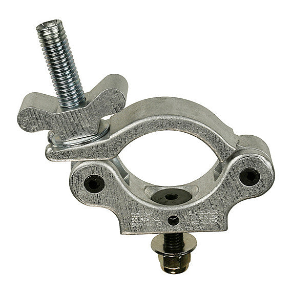 The Light Source Mega-Slim Coupler MSCM-1/4CS — silver lighting clamp with 1/4" flat head bolt for smaller lighting fixtures on pipe and truss tube.