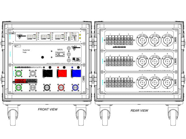 Motion Labs rolling rack PDU with front power meter, 5 wire cam input and thru, and breakered outputs in a shock-mounted ATA case - imagen 4