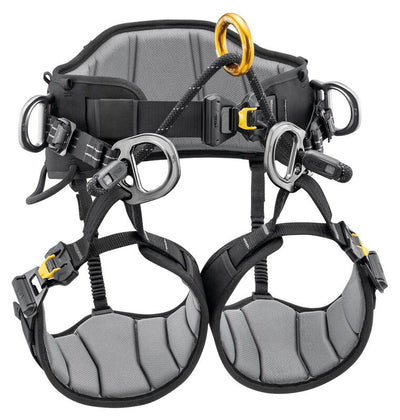 Petzl SEQUOIA tree care harness, front view with padded waistbelt, leg loops and attachment bridge