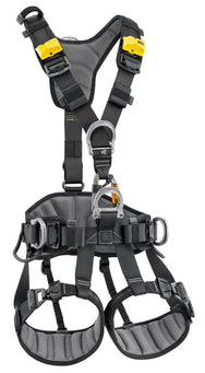 Petzl AVAO FAST International Version full-body safety harness, designed for work positioning and rope access. Features padded waistbelt and leg loops with breathable lining for comfort. Equipped with self-locking DOUBLEBACK buckles and FAST opening buckles for quick adjustments. Multiple attachment points and gear loops for optimized equipment organization. Certified to international safety standards - imagen 2
