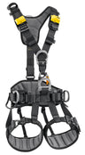 Petzl AVAO FAST International Version full-body safety harness, designed for work positioning and rope access. Features padded waistbelt and leg loops with breathable lining for comfort. Equipped with self-locking DOUBLEBACK buckles and FAST opening buckles for quick adjustments. Multiple attachment points and gear loops for optimized equipment organization. Certified to international safety standards