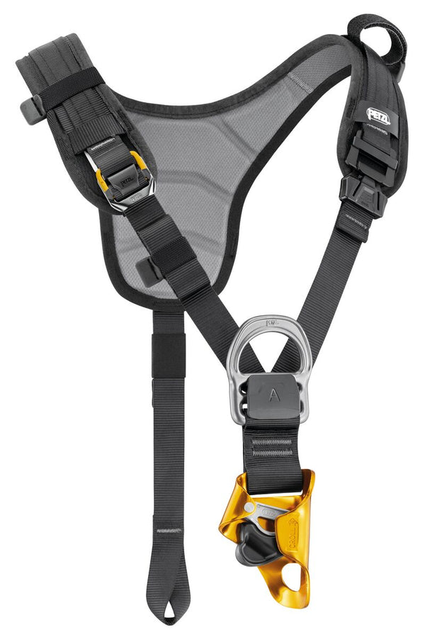 Petzl TOP CROLL chest harness designed for rope access and work at height. Compatible with AVAO SIT, ASTRO SIT, FALCON, and SEQUOIA SRT harnesses, featuring an integrated CROLL L ventral rope clamp for efficient ascents