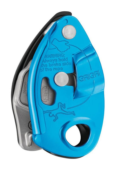 Petzl GRIGRI belay device in blue, front view