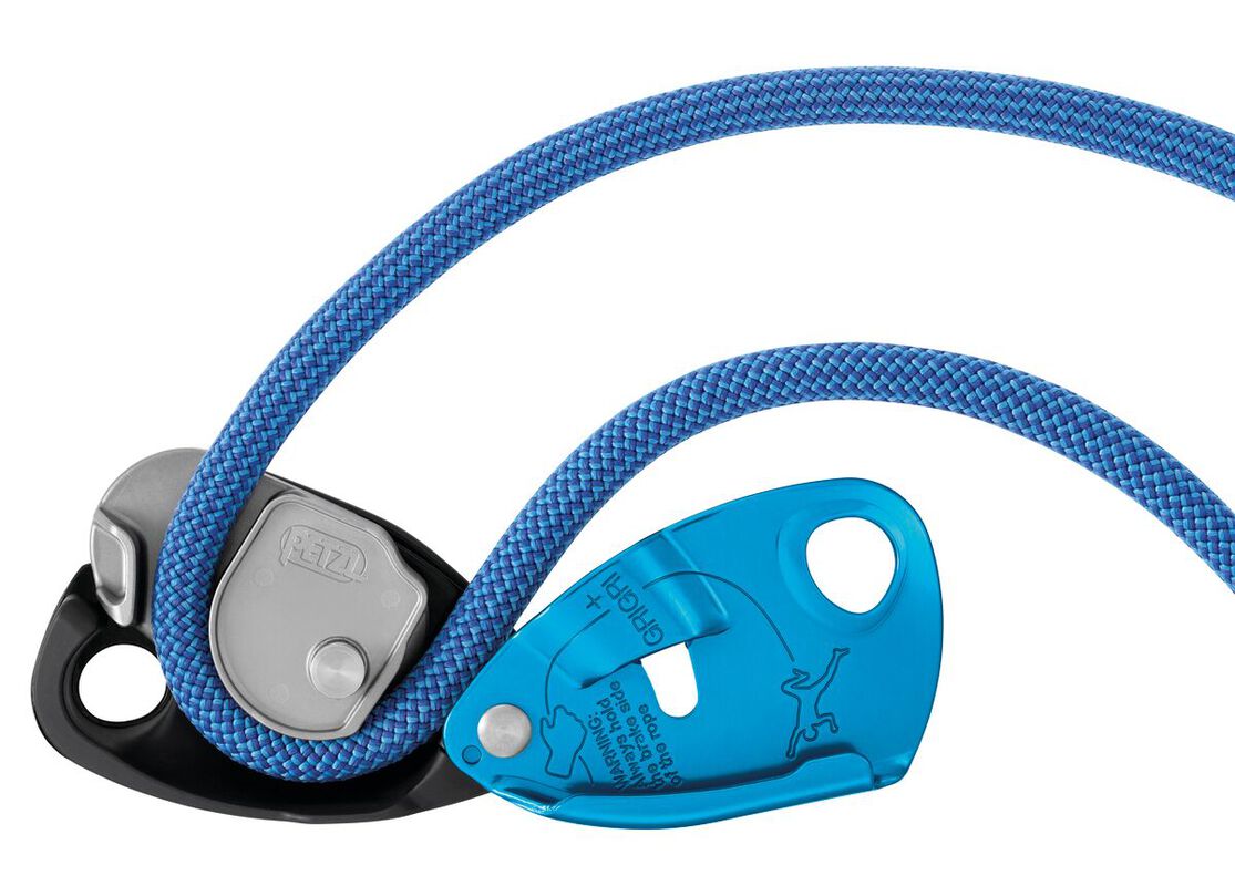 Blue Petzl GRIGRI + belay device with blue rope threaded through, side view - imagen 7