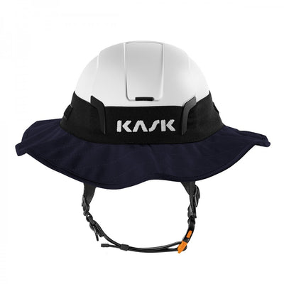 KASK FR Sun Shield Blue Night mounted on KASK white safety helmet — full neck, ear, and face arc flash and UV sun protection