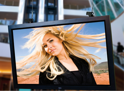 Adaptive Technologies Group HoverPro rigging flying a large flat screen display from overhead in a building atrium