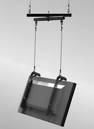 Adaptive Technologies Group HoverPro rigging beam on two wire ropes suspending a display tilted down by frame brackets - imagen 2