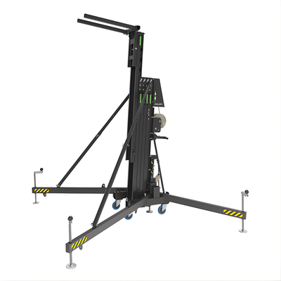 Kuzar K-60 line array lift fully assembled with loading forks extended and outrigger legs deployed