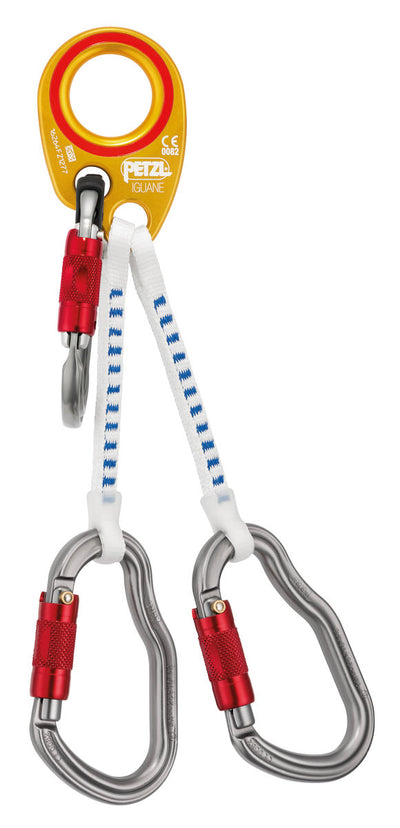 Petzl Iguane lanyard designed for ground helivac, featuring color-coded attachment elements for easy manipulation. Available in short (25 cm) and long (35 cm) versions. Includes VERTIGO TWIST-LOCK and Am'D TWIST-LOCK carabiners.