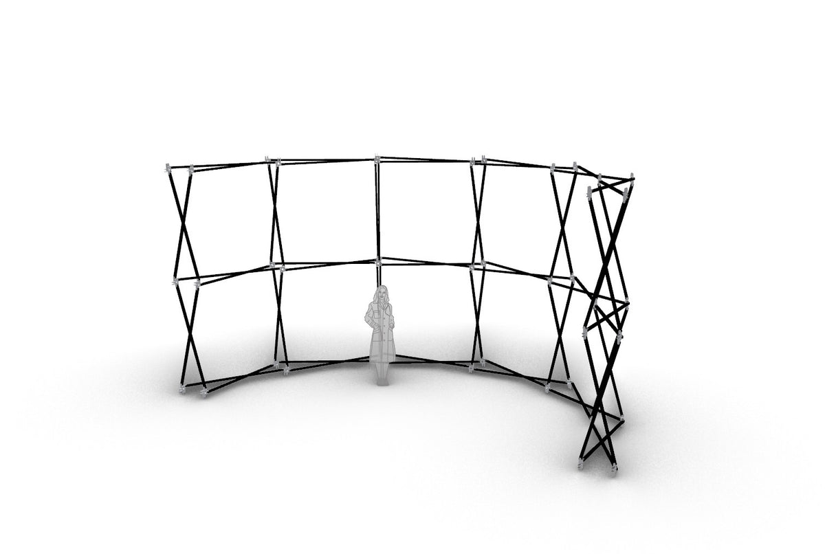 Konligo 3D view of the Luno Wall curved modular black structure and human scale reference,, now available on MTN SHOP US.